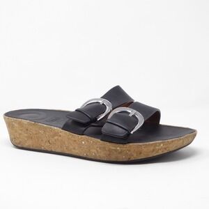 FitFlop Black Duo Leather Double Buckle Cork Wedge Slide Sandals Women 8 K34-001